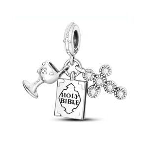 Holy Bible Cross Charm fits Charm Bracelet, S925 Silver Charm, Religious